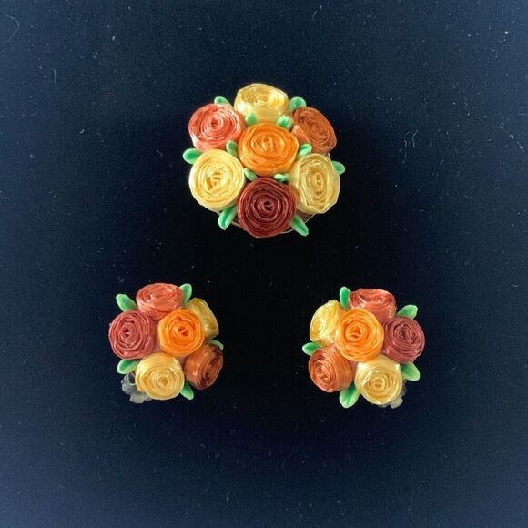 Vintage Signed West-Germany 50’s Floral Brooch Earrings Set - Picture 3 of 15